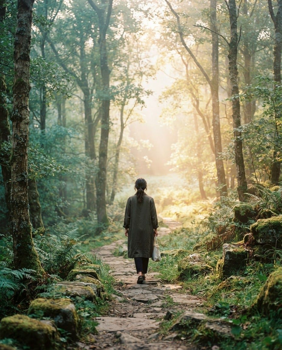 Caminho sereno entre árvores com luz dourada da manhã, arte conceitual da jornada